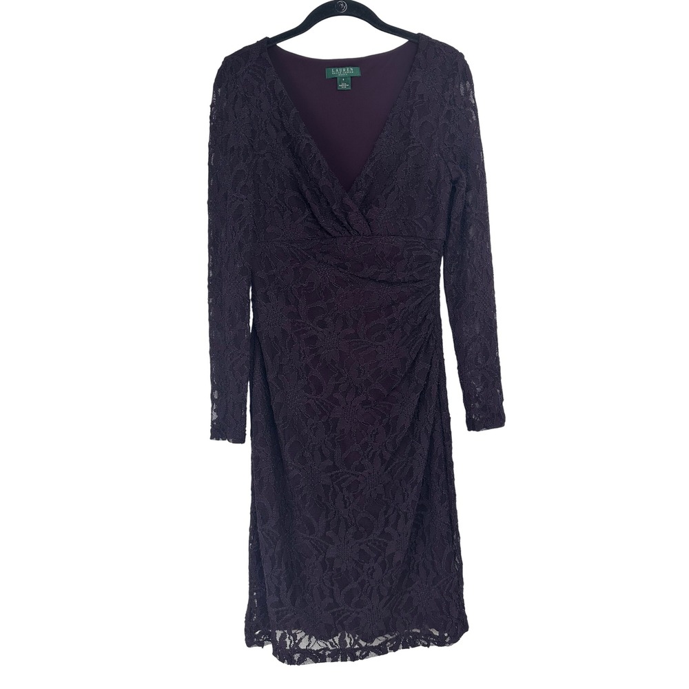 Lauren Ralph Lauren Plum Floral Lace Dress Size 6 Cocktail Date Night Vampy